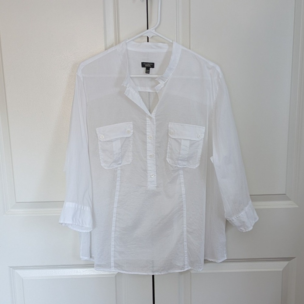 Talbots White Cotton 3/4 Sleeve Sheer Blouse Woman Petites 20WP Split Neck